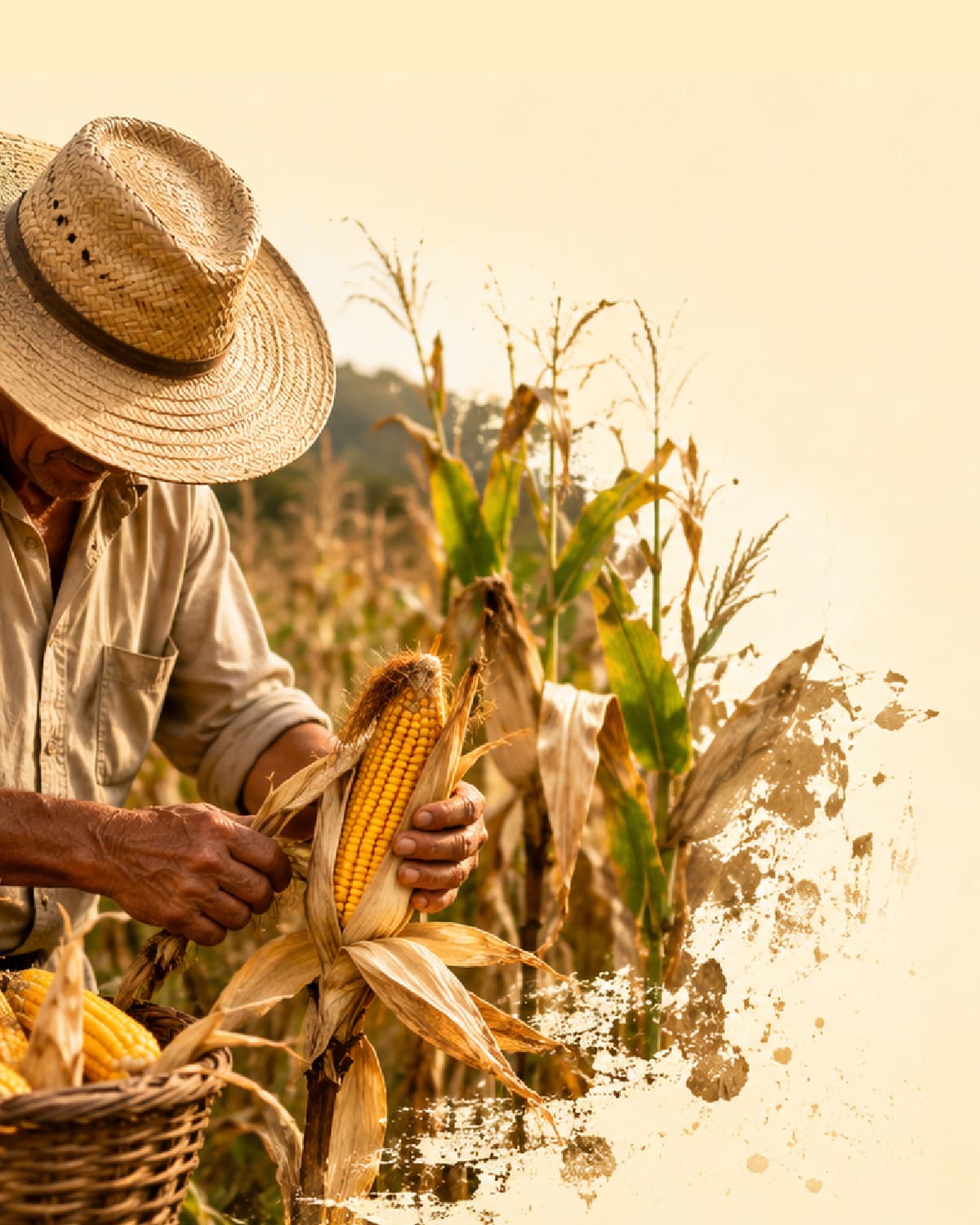 Agricultor colhendo milho selecionado no campo ao amanhecer